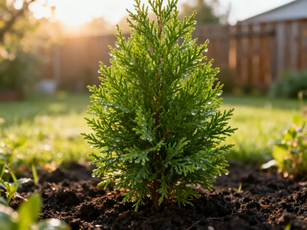 Młoda sadzonka tui Brabant z kroplami rosy, posadzona w żyznej ziemi w słonecznym ogrodzie.