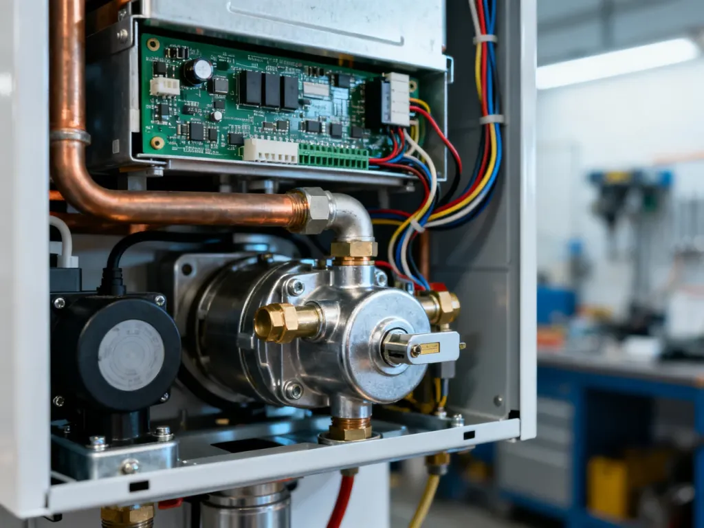 Wnętrze nowoczesnego kotła gazowego z widocznymi podzespołami elektronicznymi, zaworem gazowym i układem zapłonowym.