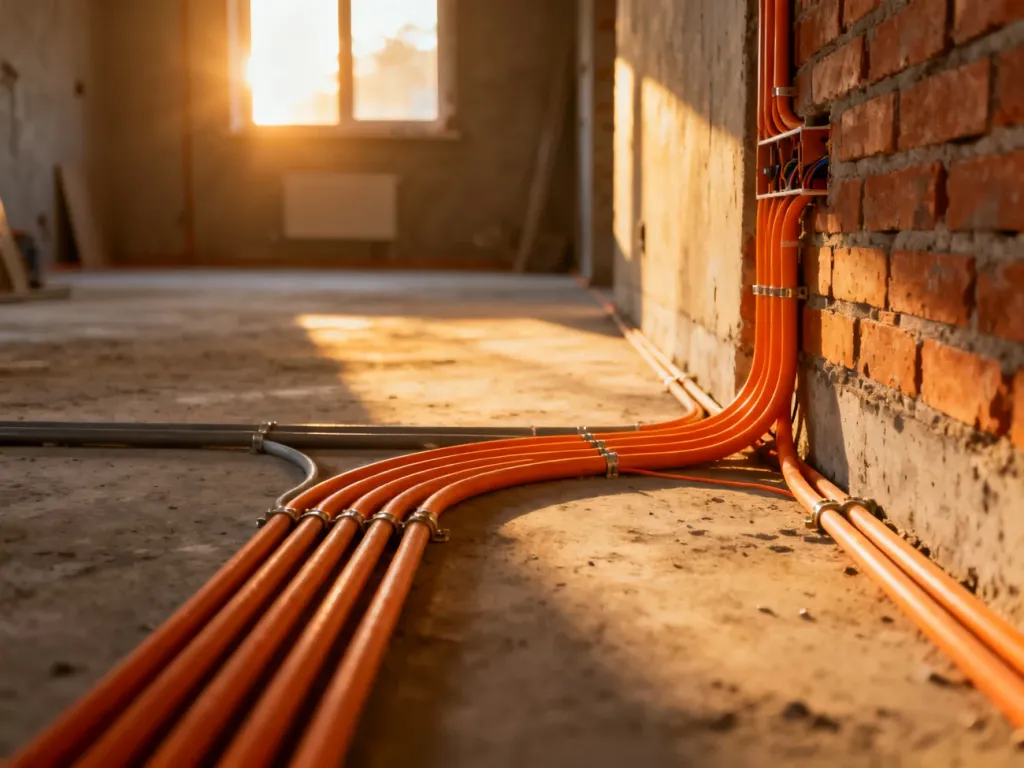 Pomarańczowe peszle elektryczne ułożone na betonowej podłodze i ścianie w trakcie remontu nowoczesnego wnętrza.