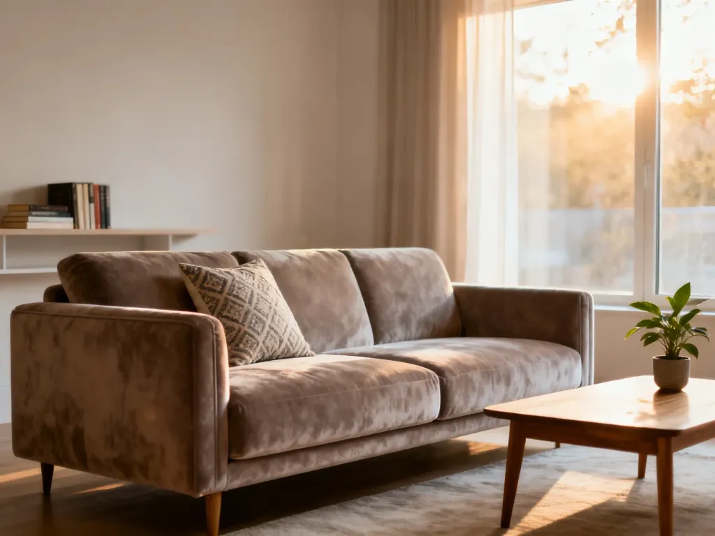 Nowoczesny salon z welurową sofą i drewnianym stolikiem, utrzymany w jasnej, przytulnej kolorystyce.
