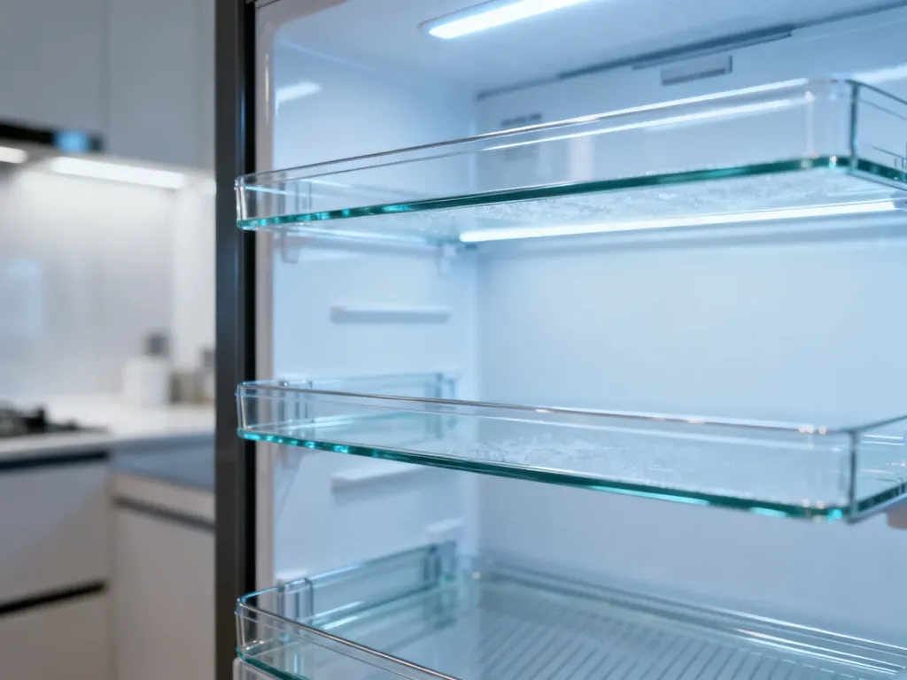 Wnętrze nowoczesnej lodówki z systemem no frost, prezentujące czyste, uporządkowane półki bez śladów szronu.