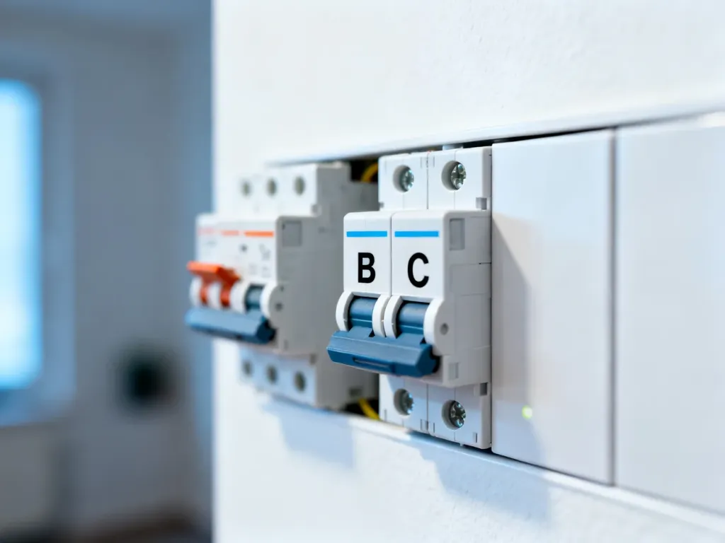 Nowoczesna rozdzielnica elektryczna z widocznymi wyłącznikami nadprądowymi typu B oraz C.