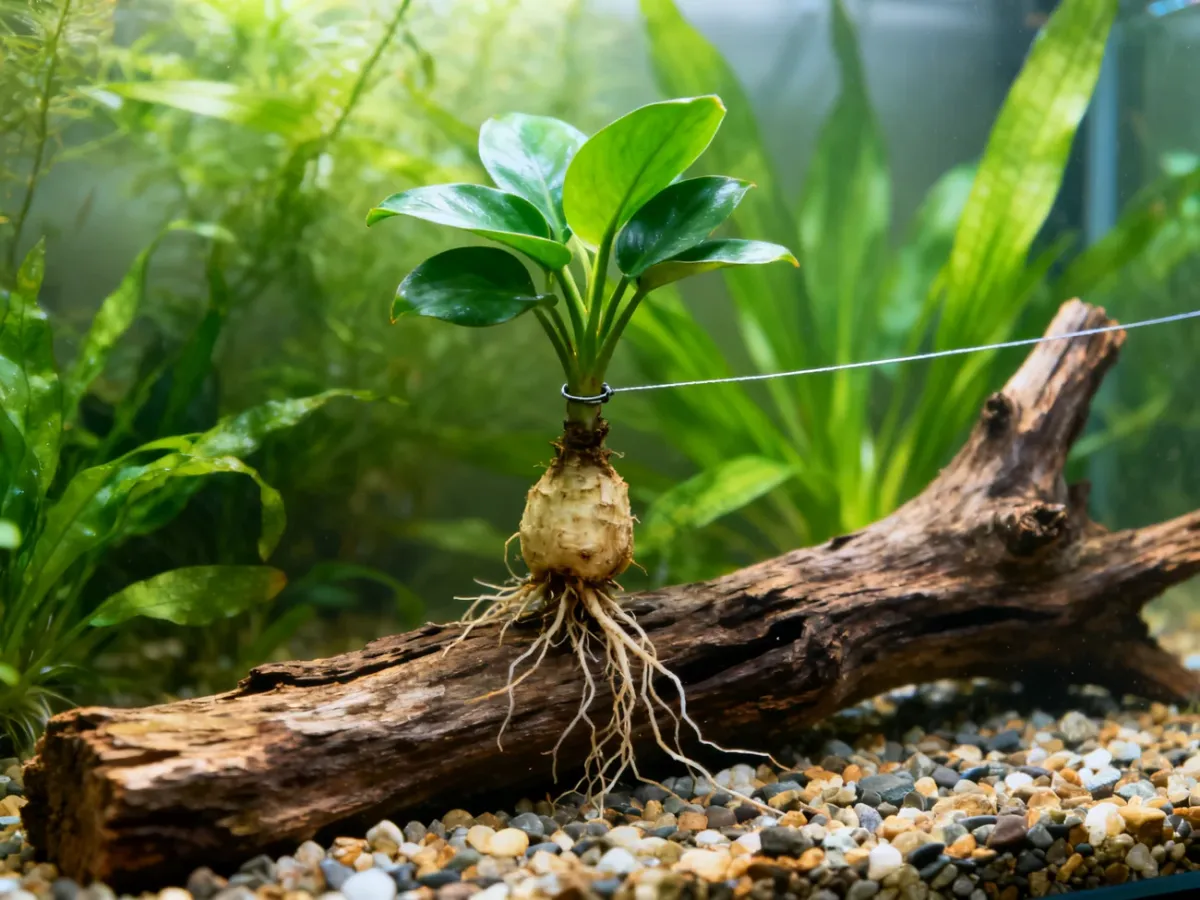 Anubias przymocowany żyłką do korzenia dekoracyjnego z odsłoniętym kłączem