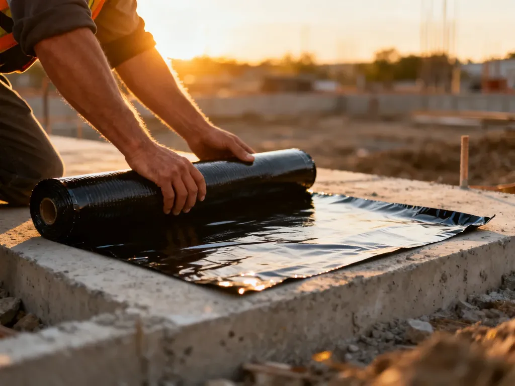 Dłonie pracownika budowlanego układające czarną folię hydroizolacyjną na betonowym fundamencie.