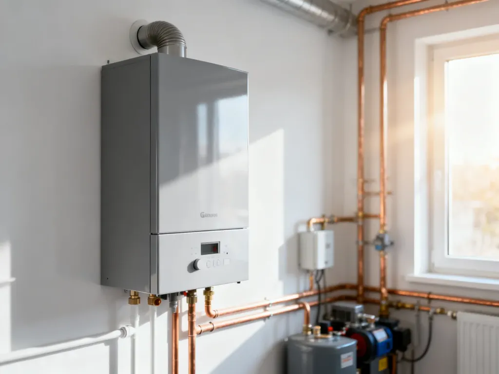 Nowoczesny kocioł gazowy zamontowany na białej ścianie w jasnym pomieszczeniu gospodarczym z instalacją hydrauliczną.