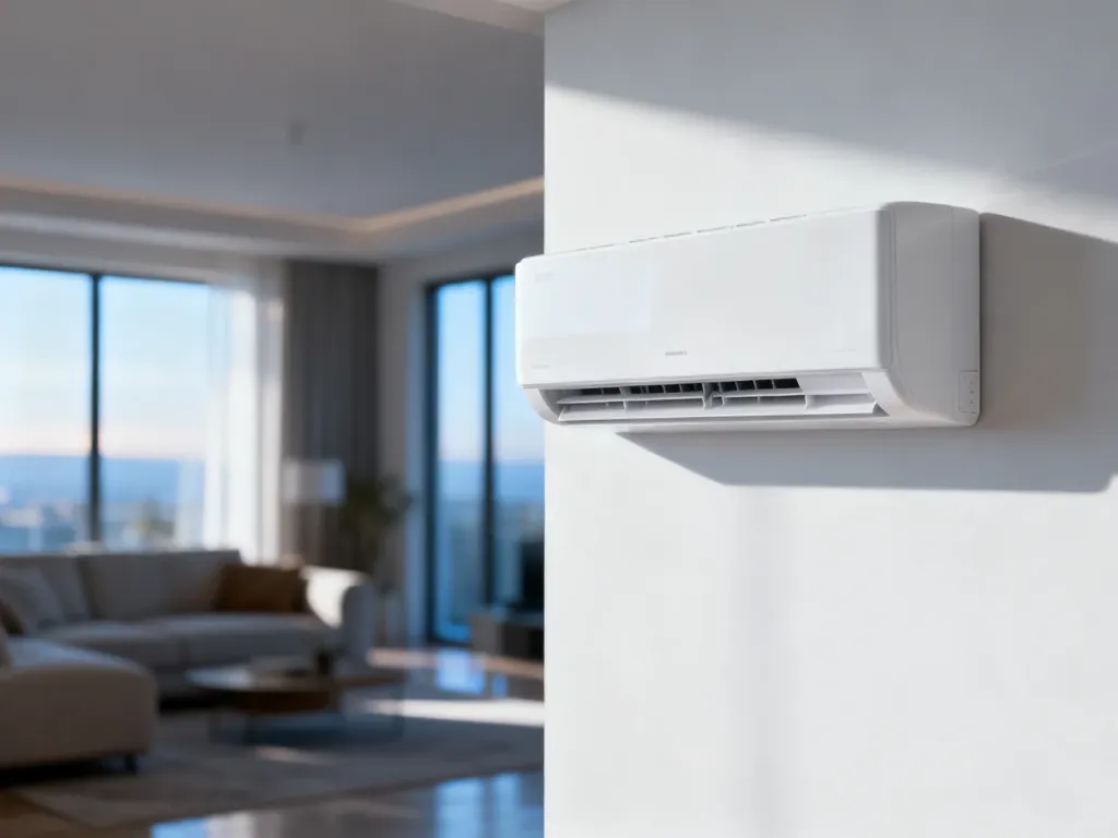 Nowoczesny klimatyzator ścienny w minimalistycznym stylu zamontowany w jasnym, przestronnym salonie.
