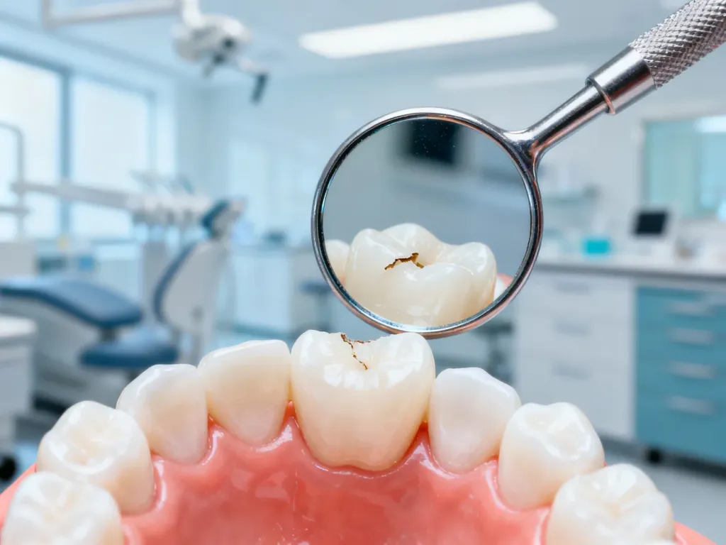Zbliżenie na ukruszony ząb na modelu dentystycznym, widoczne w lusterku stomatologicznym w profesjonalnym gabinecie.