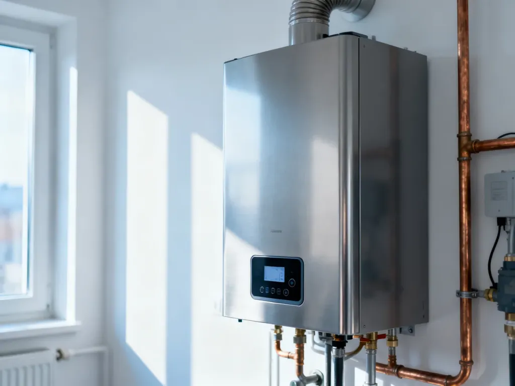 Nowoczesny gazowy kocioł kondensacyjny zamontowany na ścianie w kotłowni z widoczną instalacją hydrauliczną.