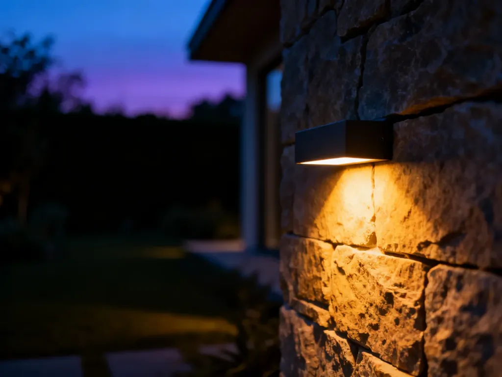 Minimalistyczna lampa LED zamontowana na kamiennej elewacji, oświetlająca ścianę ciepłym światłem o zmierzchu.