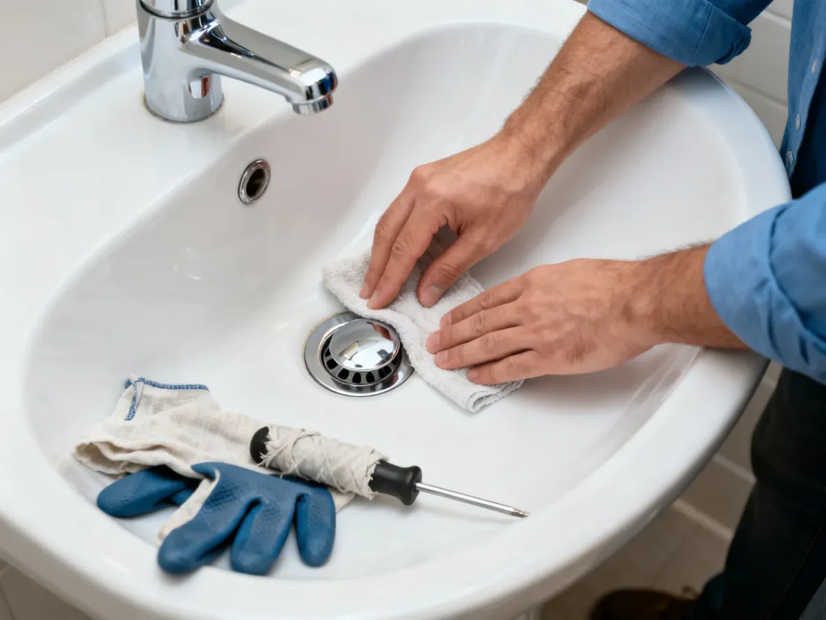 Delikatne wyjmowanie korka klik-klak z ceramicznej umywalki