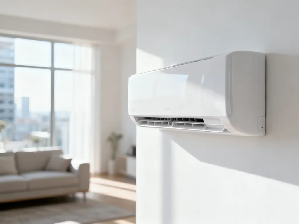Nowoczesny klimatyzator ścienny w minimalistycznym salonie, zapewniający komfortową temperaturę w jasnym wnętrzu.
