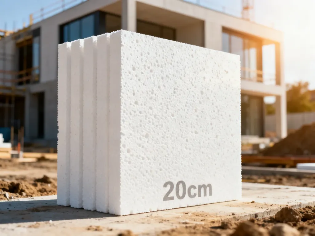 Stos płyt styropianowych o grubości 20 cm na placu budowy w słoneczny dzień.