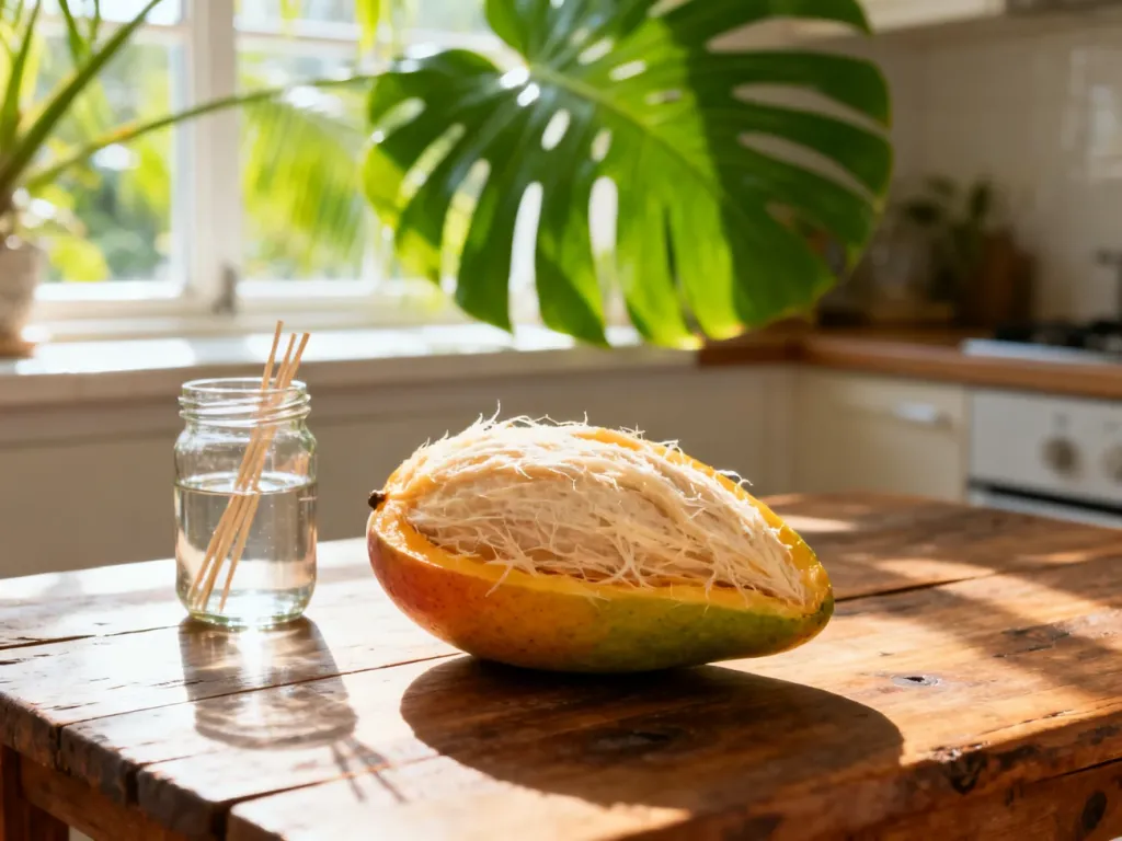 Oczyszczona pestka mango przygotowana do kiełkowania w wodzie na drewnianym stole w słonecznej kuchni.