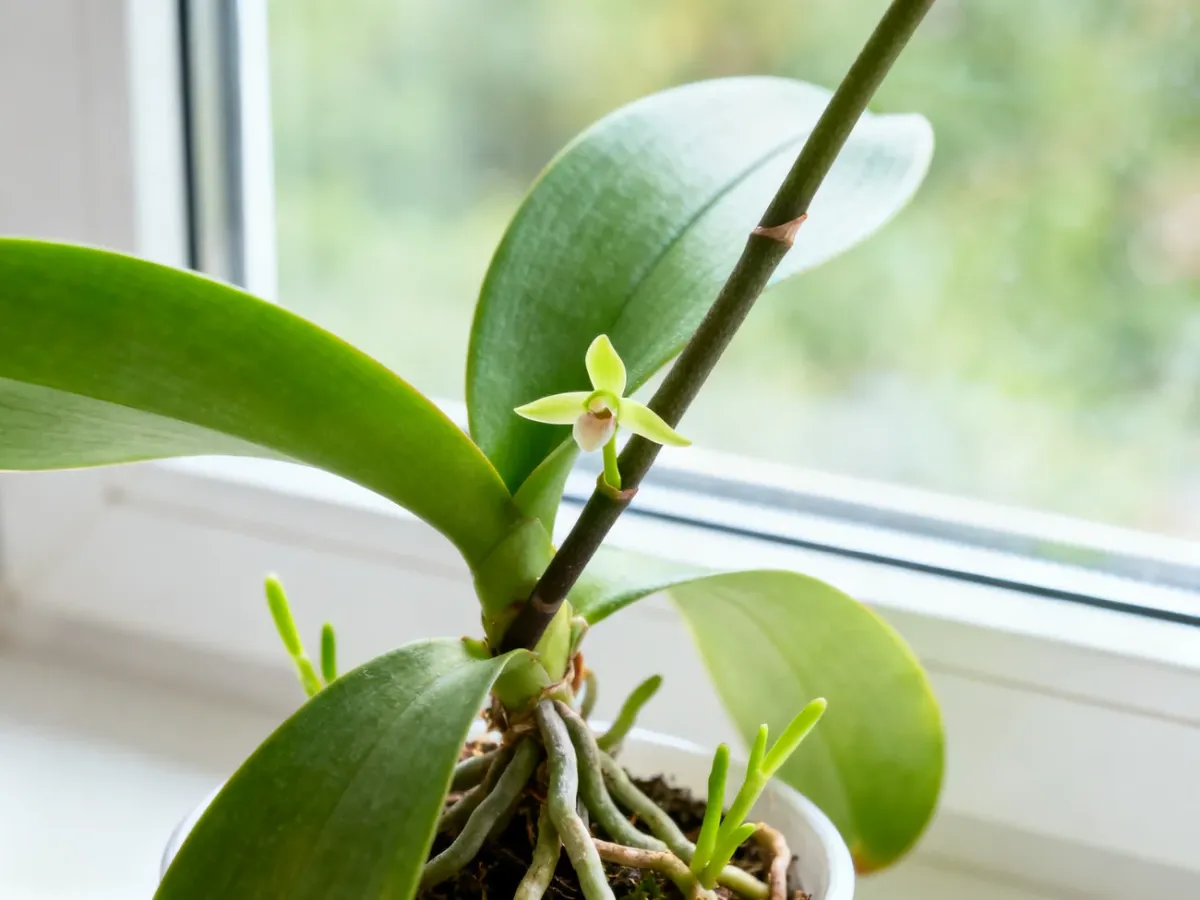 Keiki wyrastające z pędu zdrowego storczyka Phalaenopsis