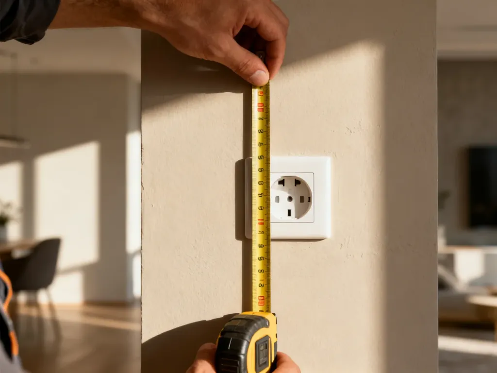 Elektryk mierzy miarką wysokość montażu nowoczesnego gniazdka elektrycznego na ścianie w minimalistycznym wnętrzu.