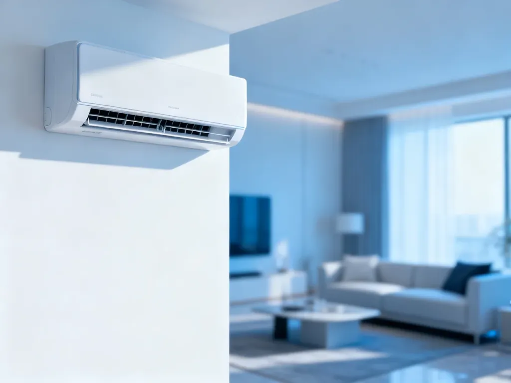 Nowoczesny klimatyzator typu split zamontowany na białej ścianie w minimalistycznym salonie.