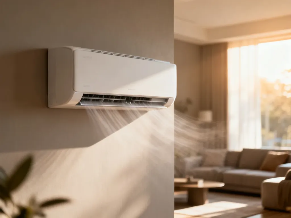 Nowoczesny klimatyzator ścienny w jasnym, minimalistycznym salonie z subtelną wizualizacją przepływu powietrza.