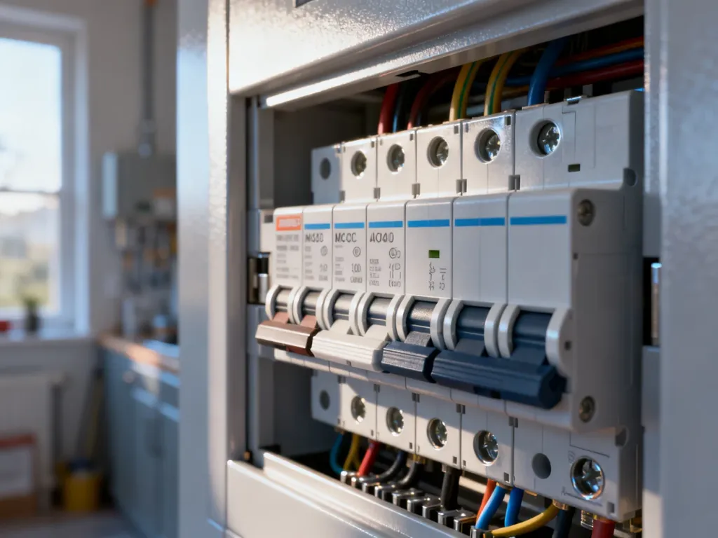 Nowoczesna rozdzielnica elektryczna z rzędami wyłączników nadprądowych o wyraźnych oznaczeniach natężenia prądu.