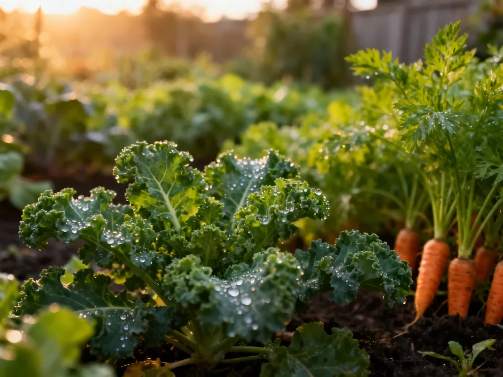 Zdrowe, organiczne liście jarmużu i marchwi z kroplami rosy w przydomowym ogrodzie w świetle porannego słońca.