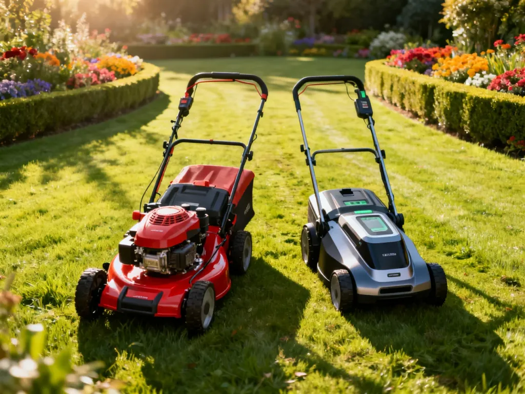 Porównanie kosiarki spalinowej i akumulatorowej stojących obok siebie na zadbanym, zielonym trawniku.
