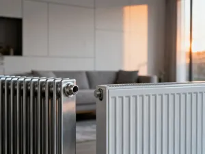 Białe gniazdko elektryczne zamontowane na ścianie, przy którym metalowa miarka wskazuje wysokość montażu od podłogi.
