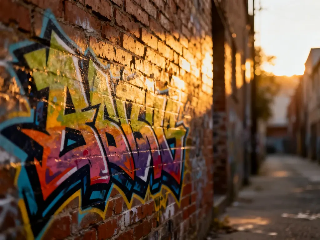 Wielobarwne graffiti w stylu wildstyle namalowane na ceglanym murze w miejskiej alejce podczas złotej godziny.