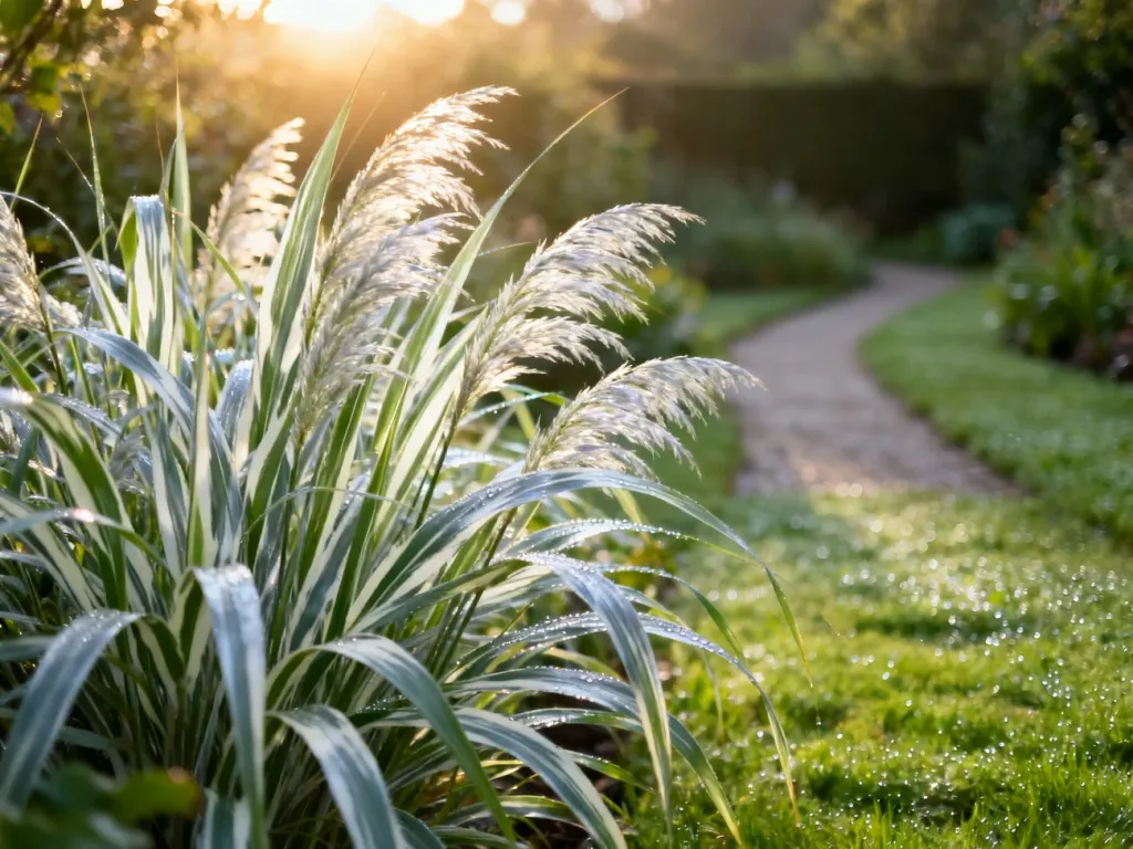 Zbliżenie na ozdobną trawę Miskant Morning Light z charakterystycznymi srebrzystymi liśćmi w blasku porannego słońca.