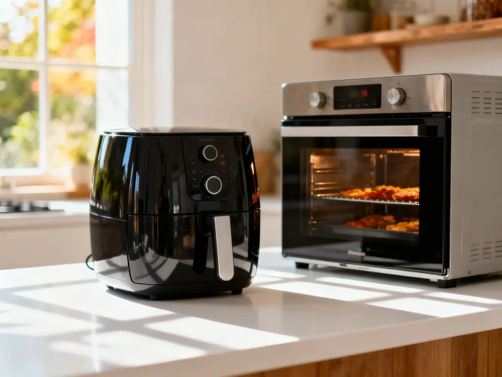 Nowoczesny air fryer ustawiony obok piekarnika na jasnym blacie kuchennym, prezentujący porównanie urządzeń do gotowania.
