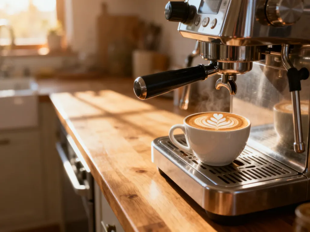 Profesjonalny ekspres do kawy z filiżanką latte art na drewnianym blacie w słonecznej kuchni.
