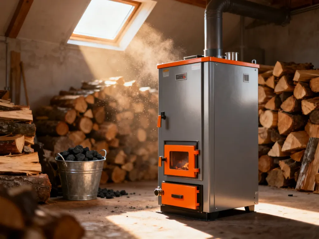 Nowoczesny kocioł na paliwo stałe w jasnej kotłowni z zapasami drewna i węgla w tle.