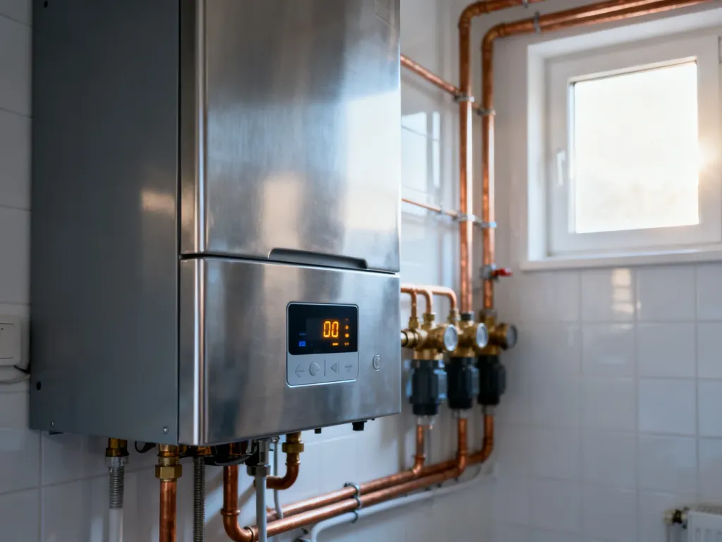 Nowoczesny kocioł centralnego ogrzewania z panelem sterowania i estetyczną instalacją hydrauliczną w kotłowni.